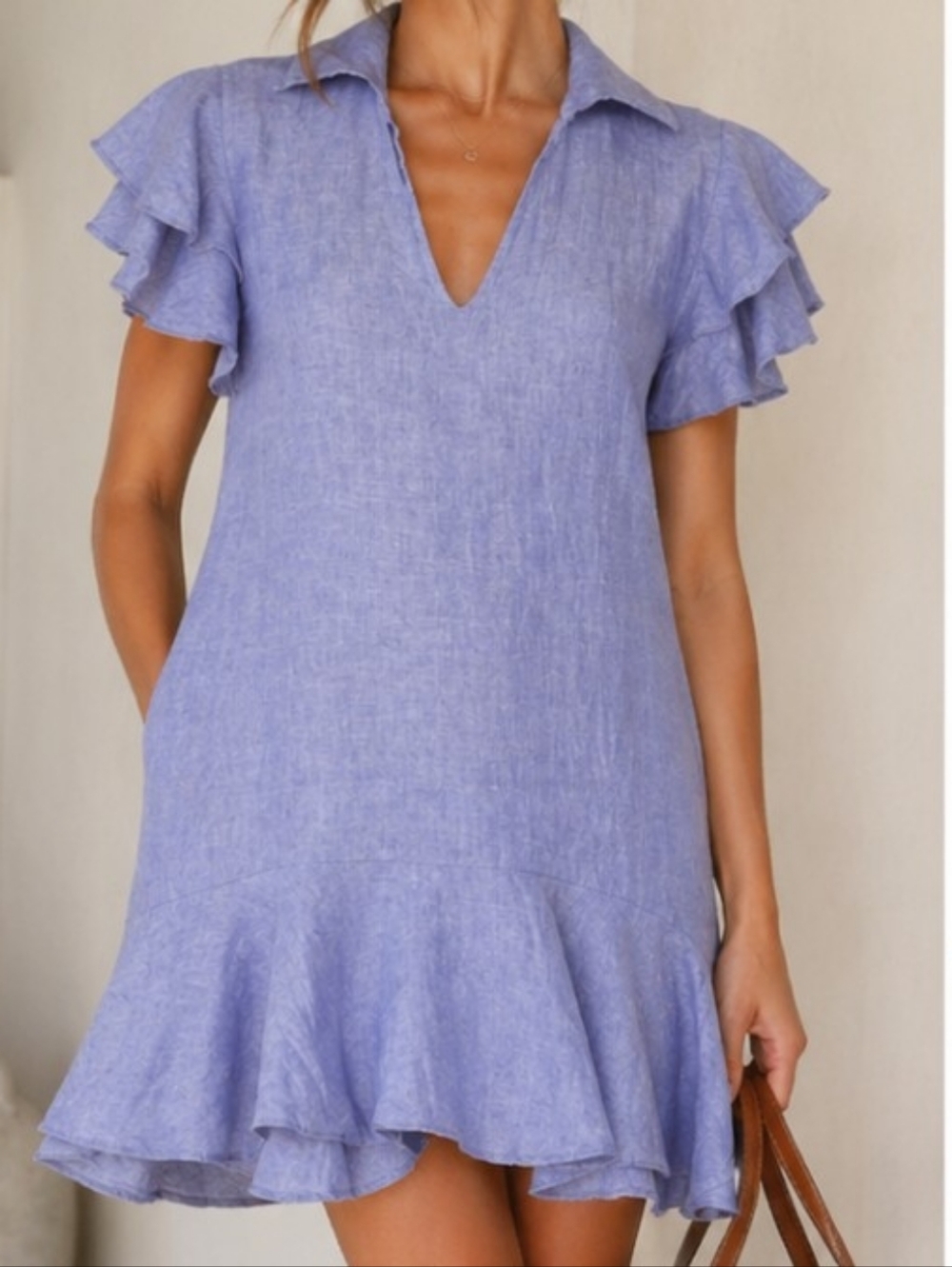 Ruffled Women Dress Purple Lotus Lavender 100% Linen Made In Italy Pockets OS
